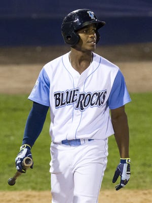 Wilmington Blue Rocks right fielder Elier Henandez looks to the scoreboard after striking out during the Blue Rocks 2-0 loss to the Myrtle Beach Pelicans in the second game of the Mills Cup Championship series at Frawley Stadium in Wilmington, Del. on Monday evening.