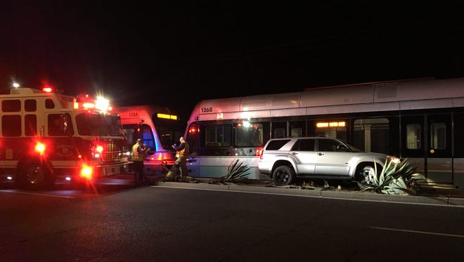 An SUV hit a light-rail train in Phoenix on Jan. 30, 2018.