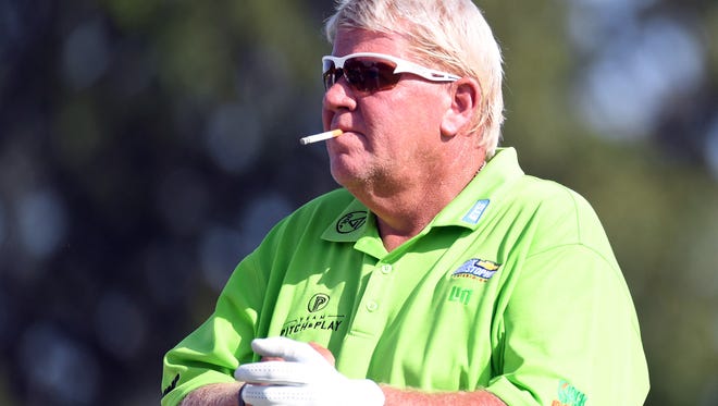 John Daly waits for his tee shot on the 9th hole during the first round of the FedEx St. Jude Classic golf tournament at TPC Southwind on June 7.