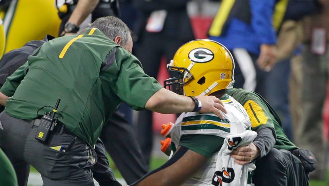 Green Bay Packers nose tackle B.J. Raji (90) suffered a concussion against the Arizona Cardinals at University of Phoenix Stadium.