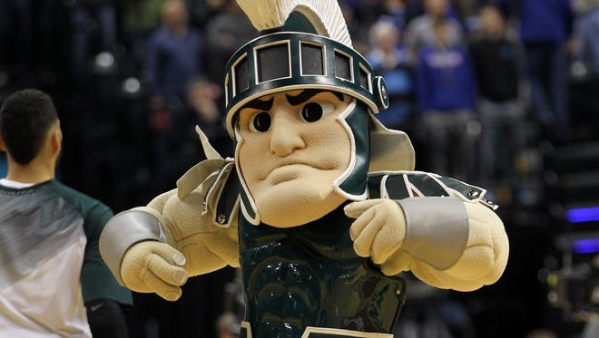 Sparty performs during the first half of the game against the Duke Blue Devils at Bankers Life Fieldhouse.