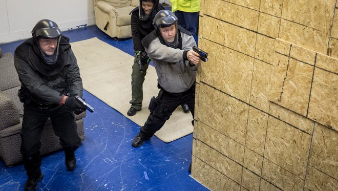 Yorktown Police Officers conduct training at the Muncie Threat Assessment Center. The facility offers basic and advanced training to both law enforcement and civilian, utilizing the latest in force on force training.
