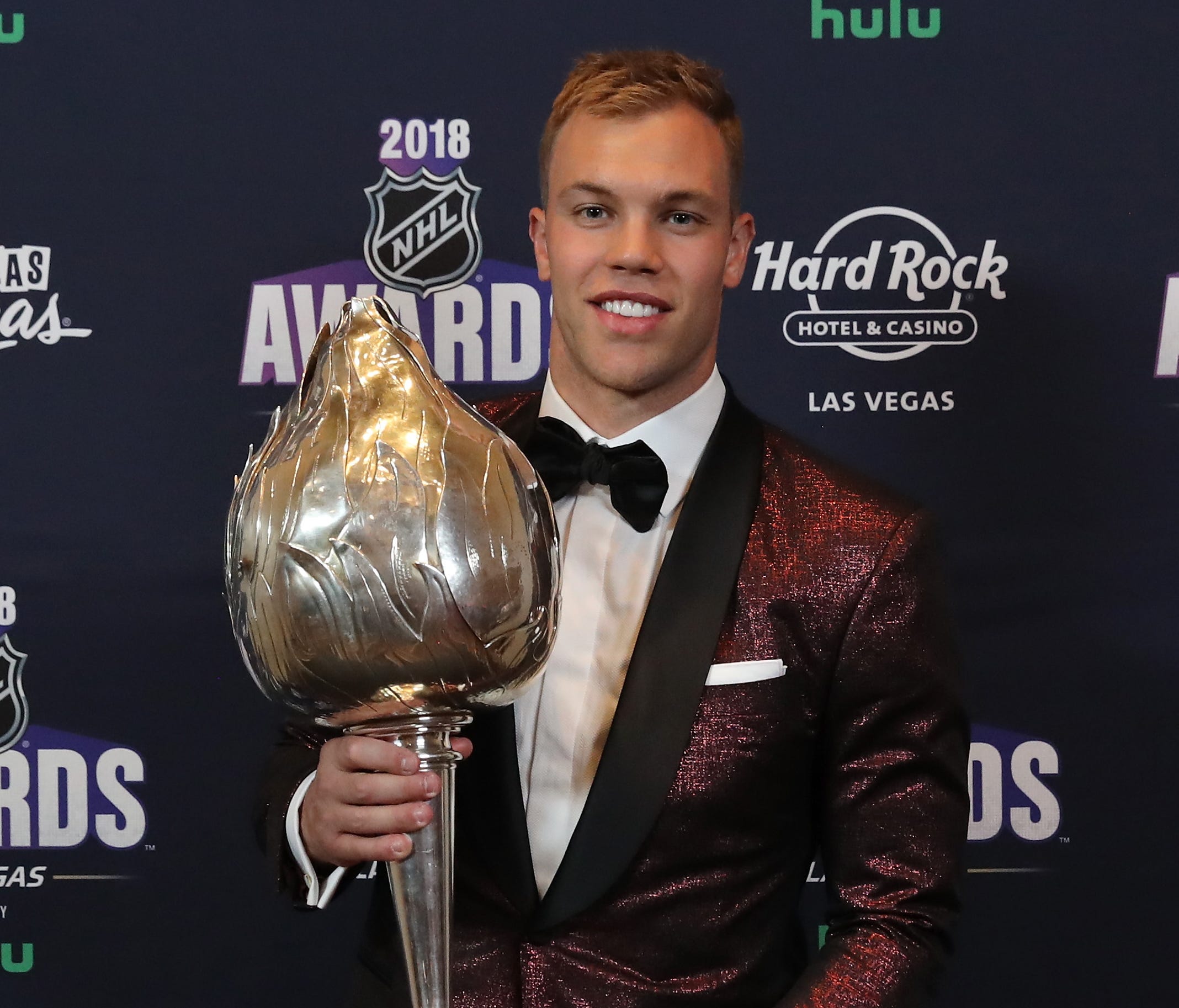 Taylor Hall of the New Jersey Devils poses with the Hart Trophy.