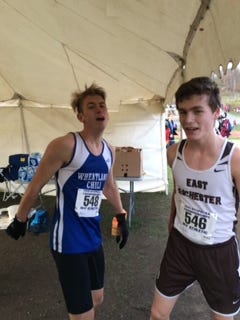 Alex Hogue (left) and Dawson Bathgate moments after going 1-2 in the Class D race at states.