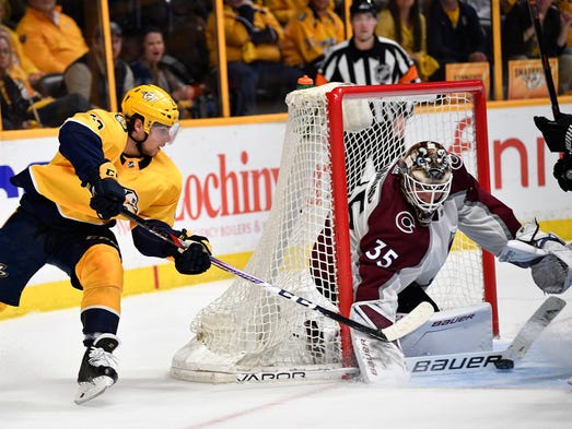 Avalanche goalie Andrew Hammond, 35, protects the net