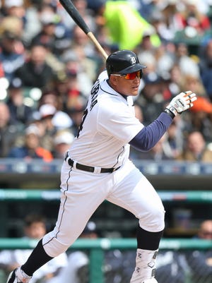 Detroit Tigers 1B Miguel Cabrera singles against the New York Yankees' Luis Severino during first inning action on Friday, April 8, 2016 at Comerica Park in Detroit.