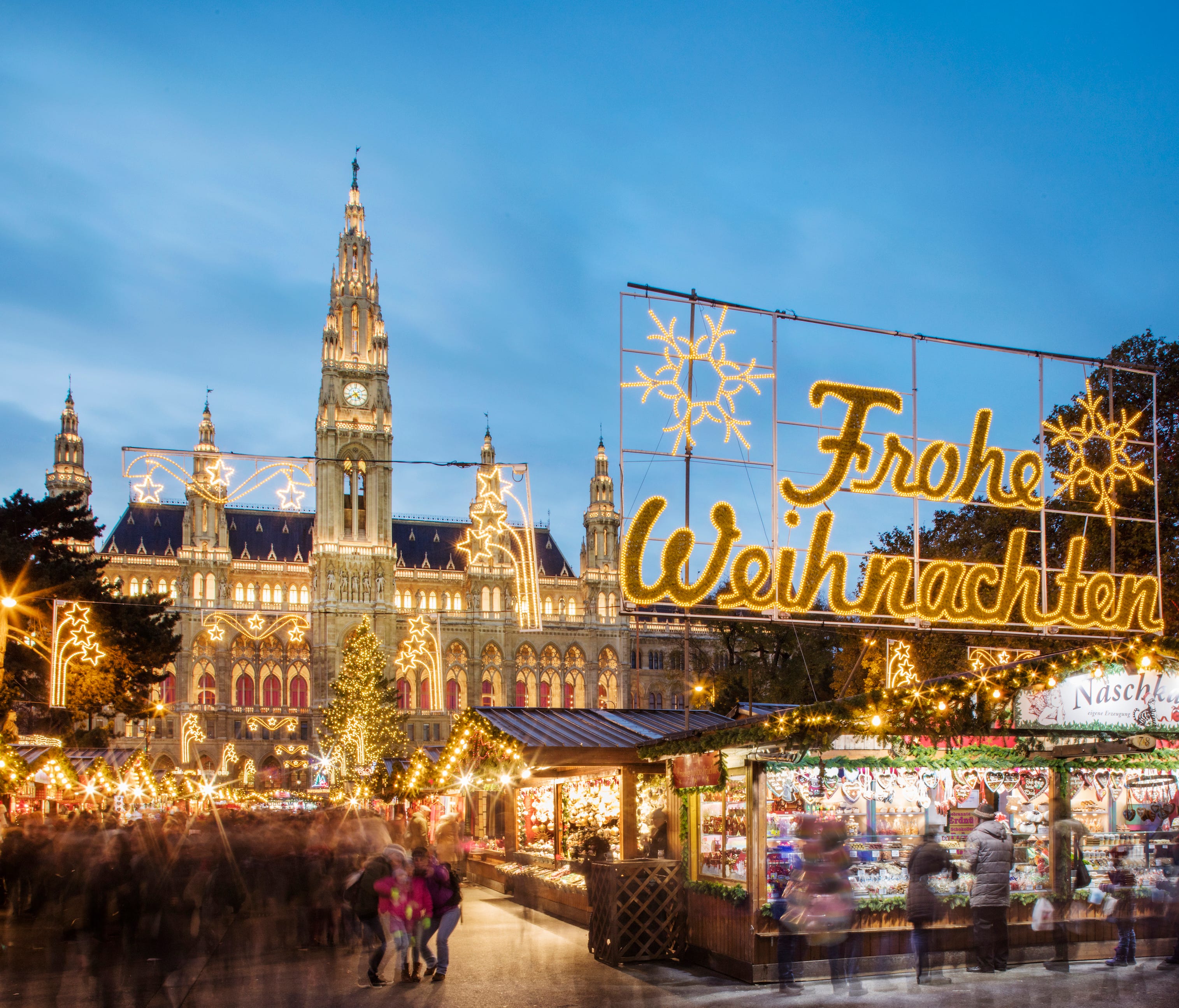 Vienna, Austria, has several options for Christmas markets, and the most impressive is the one on the Rathausplatz, the square in front of City Hall, which can be traced back to the year 1298. The 150 booths offer gifts, Christmas tree decorations, h