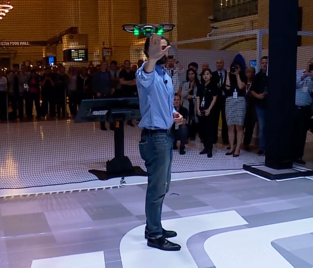Michael Parry shows off hand gestures to fly the new Spark mini-drone