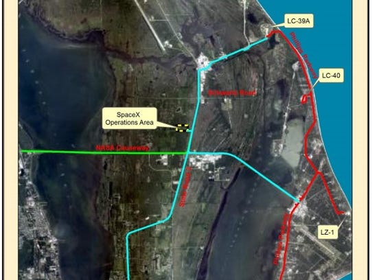 Map showing transportation routes to SpaceX operations