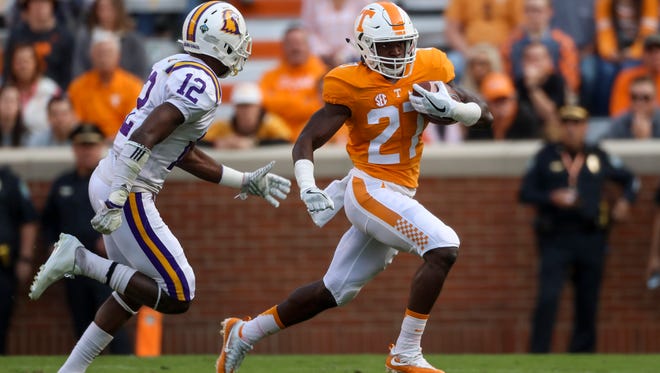 KNOXVILLE, TN - Running back Carlin Fils-aime of the Tennessee Volunteers during the homecoming game between the Tennessee Tech Golden Eagles and the Tennessee Volunteers at Neyland Stadium.