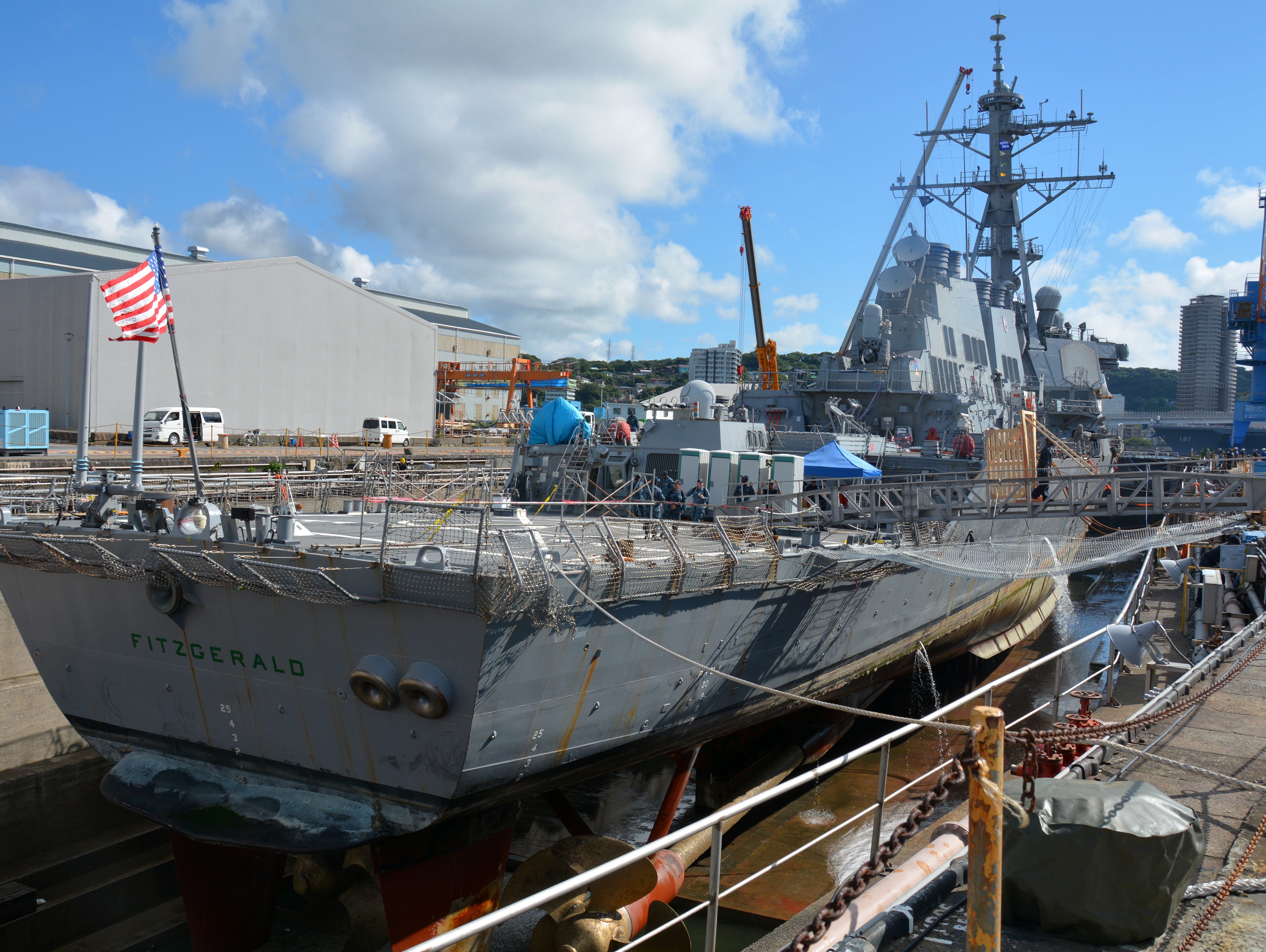 The destroyer Fitzgerald in dry dock in Yokosuka, Japan.