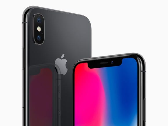 Apple's iPhone X. Back side of the phone on the left, front side of the phone on the right.