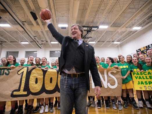 Pascack Valley girls basketball coach Jeff Jasper celebrates