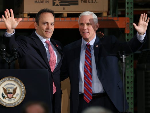 Kentucky Gov. Matt Bevin and Pence greet supporters