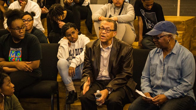 William “Nick” Collins and Wanda Jan Hill, who participated in the Northern High School walkout of 1966 as students, speak to members of Mosaic Youth Theatre of Detroit. The theater group's latest production, "Northern Lights 1966," is in honor of those who walked out to improve their school.