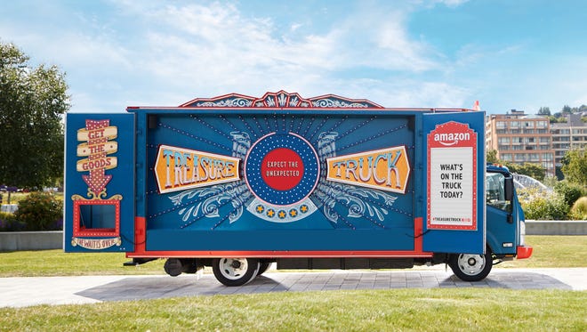 The Amazon Treasure Truck pop-up store travels 18 U.S. cities selling discounted goods customers can order online and pickup at the vehicle.