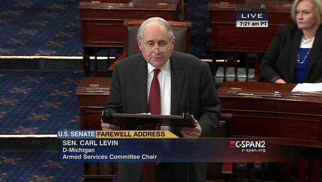 This frame grab from video provided by C-SPAN2 shows Sen. Carl Levin, D-Mich. giving his farewell address on the floor of the Senate on Capitol Hill in Washington, Friday, Dec. 12, 2014.