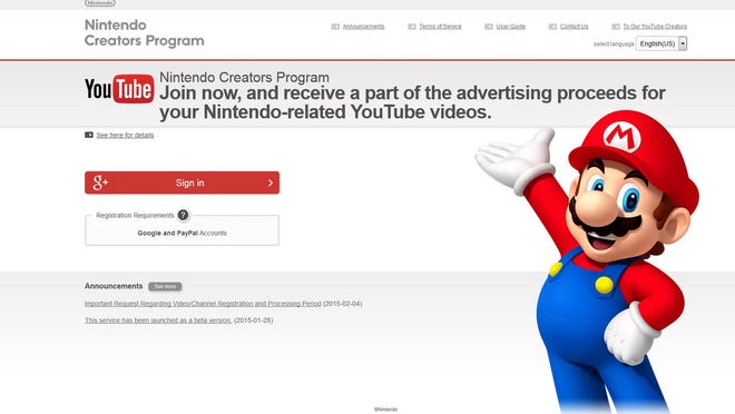 This screencapture from https://r.ncp.nintendo.net shows the homepage for the Nintendo’s Creators Program.