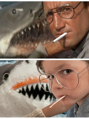 Alex Zane of Hingham and a friend, Andrew Kelly, stage and Photoshop iconic shots like this one from "Jaws" into kid-friendly creations with Zane's daughter, Matilda, 5. Image from Alex Zane.