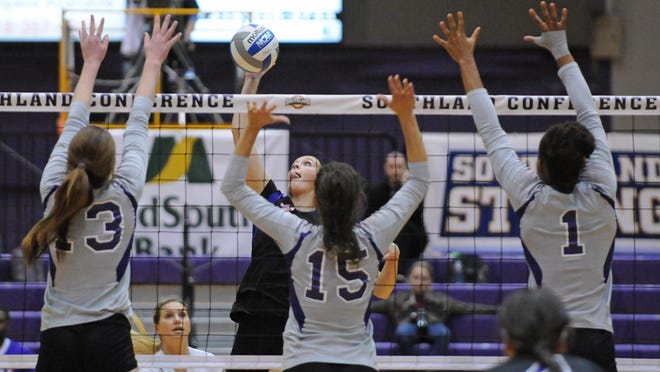 Northwestern State senior Mackenzie Neely (center, hitting), the MVP of the Southland Conference tournament, will return home Thursday night when the Lady Demons open the NCAA Tournament at No. 2 Texas. Neely is one of two NSU players raised in the Austin area and who played club volleyball for the Austin Juniors.