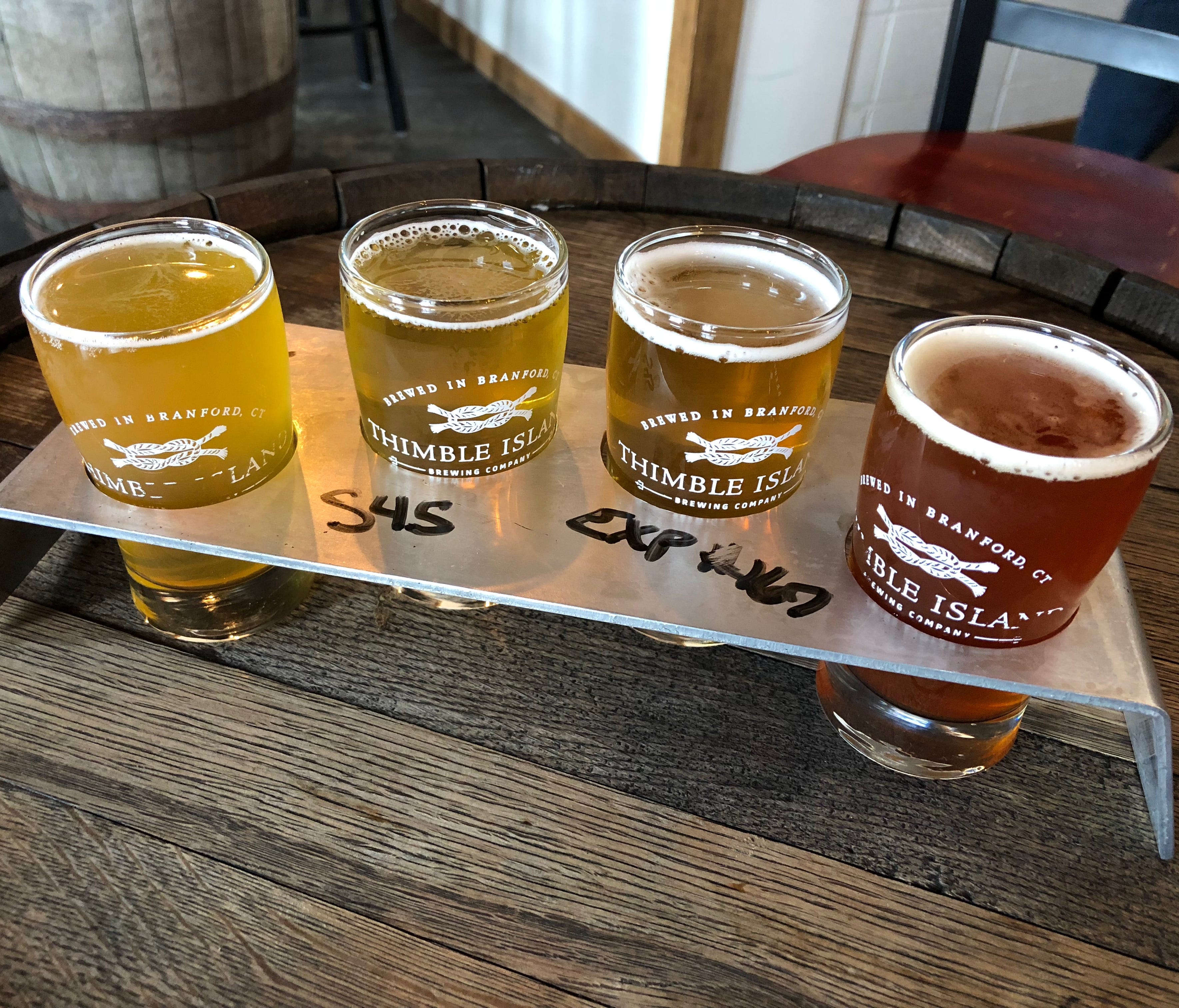 Flights allow visitors to sample their choice of Thimble Islands' beer offerings, from the Ghost Island Double IPA, a bold, crisp brew that's dry-hopped with Citra, to the Session Forty Five IPA, which is made with mosaic hops.