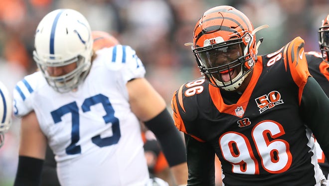 Cincinnati Bengals defensive end Carlos Dunlap (96) reacts after making a tackle in the first quarter during the Week 8 NFL game between the Indianapolis Colts and Cincinnati Bengals, Sunday, Oct. 29, 2017, at Paul Brown Stadium in Cincinnati. 