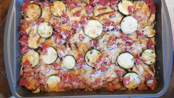 Grilled Eggplant and Zucchini Casserole with Mozzarella and Parmesan.