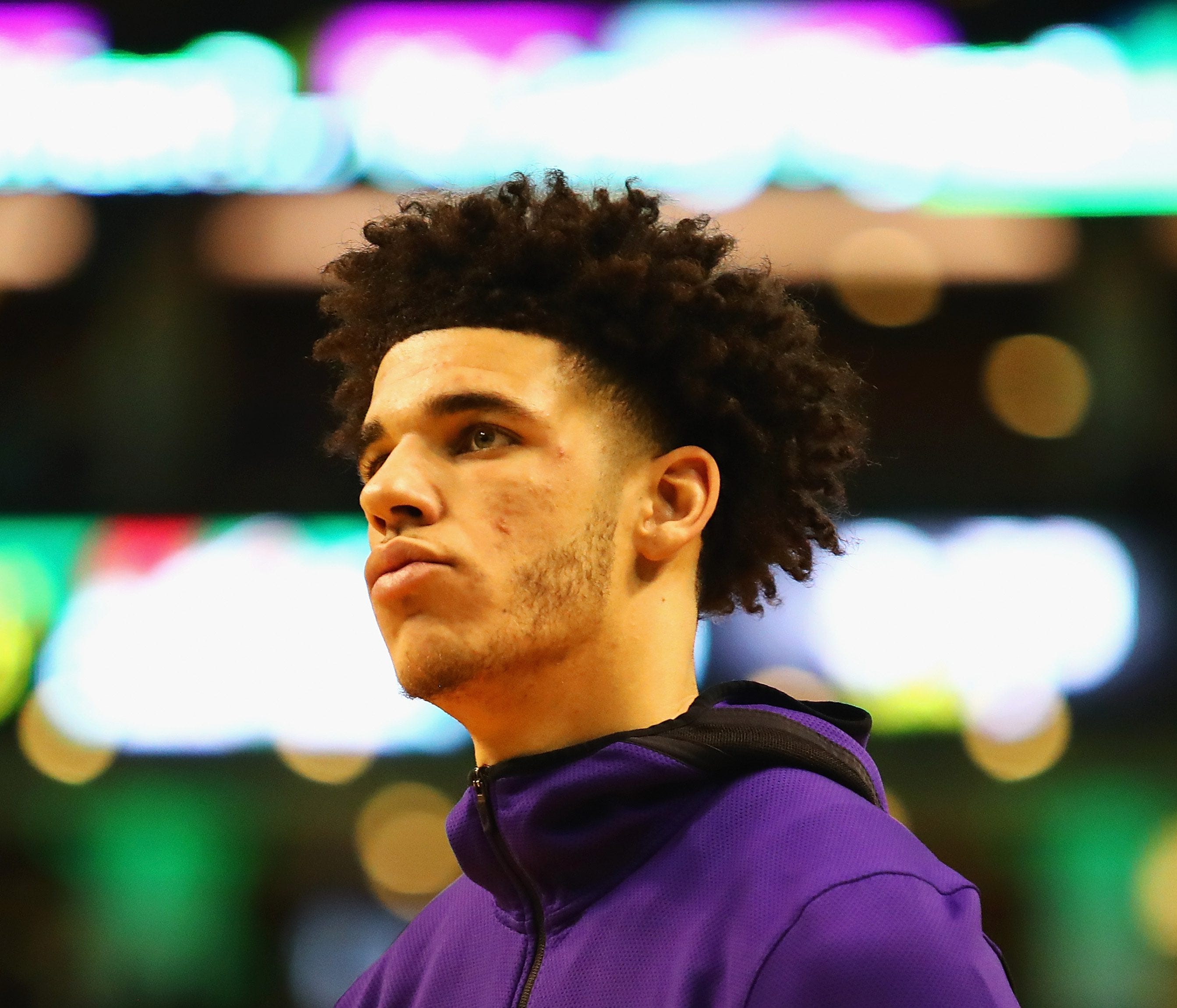 BOSTON, MA - NOVEMBER 08:  Lonzo Ball #2 of the Los Angeles Lakers looks on before the game against the Boston Celtics at TD Garden on November 8, 2017 in Boston, Massachusetts.  (Photo by Tim Bradbury/Getty Images) ORG XMIT: 775026810 ORIG FILE ID: 