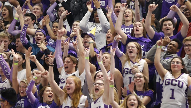 GCU fans react to an Oscar Frayer dunk against Texas Rio Grande Valley during the first half at Grand Canyon University Arena in Phoenix, Ariz. on February 7, 2019.