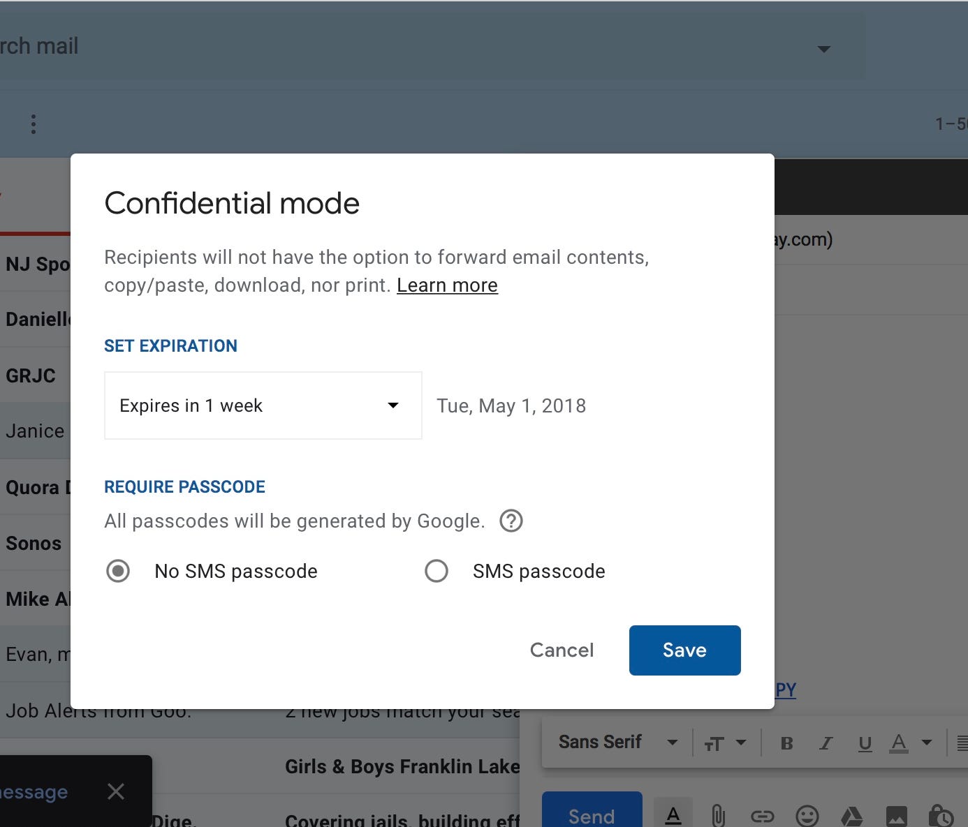 Gmail's confidential mode can help keep messages secure.