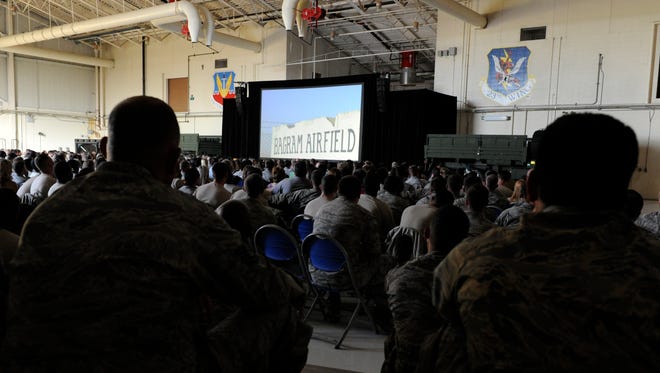 A documentary is screened in a hangar at Moody Air Force Base in Valdosta, Ga.
