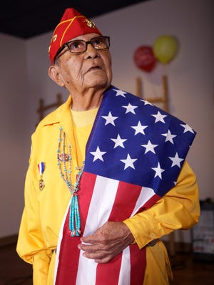 Navajo Code Talker David E. Patterson Sr. poses for a portrait on his birthday on Nov. 11, 2011 at the Santa Ana Star Casino near Bernalillo.