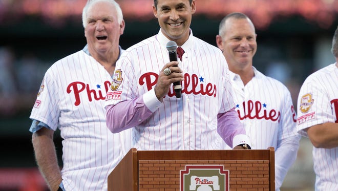 Phillies former left fielder Pat Burrell is honored as the 37th inductee into the Phillies Wall of Fame before a game against the Atlanta Braves at Citizens Bank Park. Credit: Bill Streicher-USA TODAY Sports