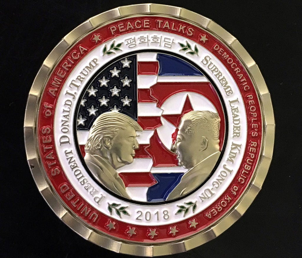 U.S. and North Korea Peace Talks commemorative 'Challenge Coin.' President Trump canceled the June 12 summit in Singapore on Thursday.