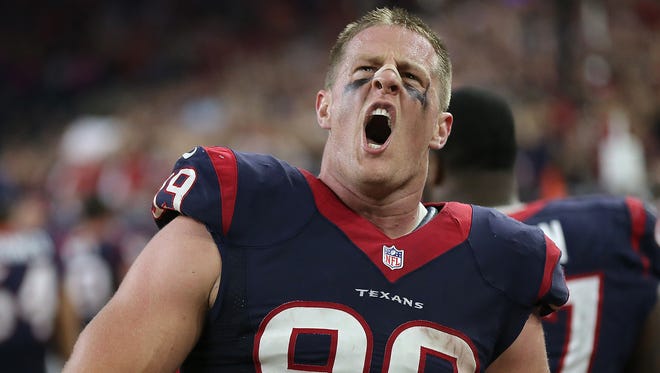 The Colts will host J.J. Watt and the Texans on Sunday at Lucas Oil Stadium, a building Watt is winless in since entering the league in 2011. Here, J.J. Watt celebrates a fumble recovery and touchdown agains the Colts in their meeting earlier this year.