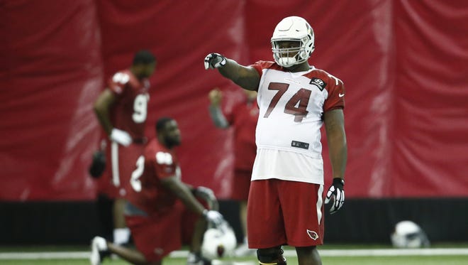 Arizona Cardinals offensive tackle D.J. Humphries during practice at the Cardinals Training Facility on Sept. 1, 2015 in Tempe, AZ.