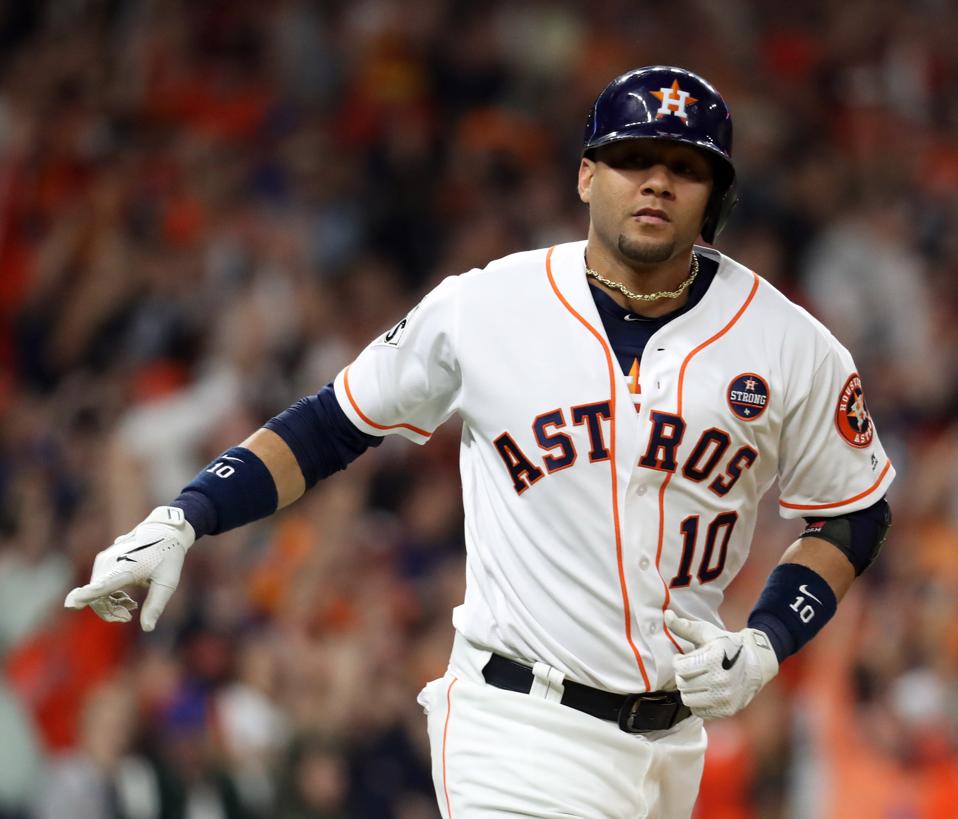 Astros' Yuli Gurriel celebrates after hitting a solo home run off Yu Darvish in the second inning.