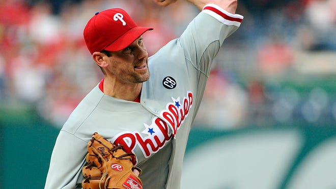 Philadelphia Phillies starting pitcher Cliff Lee (33) throws during the second inning against the Washington Nationals July 31 at Nationals Park. Credit: Brad Mills-USA TODAY Sports