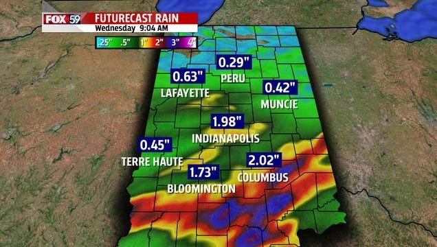 Futurecast rain outlook through about 9 a.m. Wednesday for Indiana.