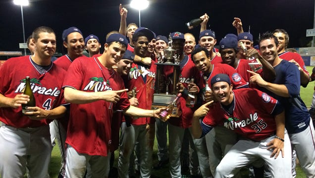 The Fort Myers Miracle celebrate their first title in team history Monday night.
