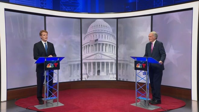 U.S. Rep. Joseph Kennedy III (left) debates Sen. Ed Markey (right) in a debate held at the NBCUniversal studios in Needham on July 25. The candiates are running for the U.S. Senate seat currently held by Markey.