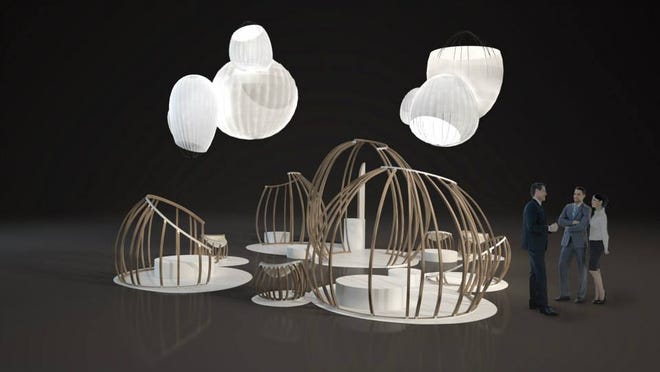 
This rendering shows the submission of a team of University of Iowa 3-D design students to CONNECT, a prestigious international student design exhibition and competition in Chicago. The university-level design competition gives students an opportunity to create innovative environments using seating, lighting and installations. 
