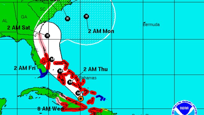A graphic from the National Hurricane Center shows the position and projected path of Hurricane Matthew as of 8 a.m., Wednesday, October 5.