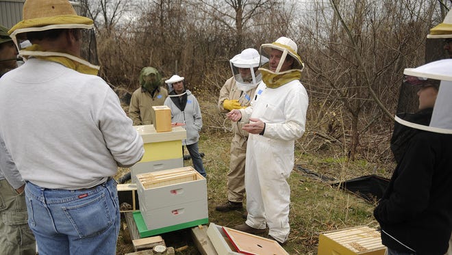 Steve Hupfer of the Brown County Beekeepers Association works with new beekeepers as they set-up two new bee colonies at the Green Bay Botanical Garden in April 2011.