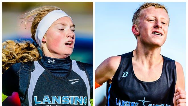 Olivia Theis (left) and Ethan Markey are products of a middle school program that has helped Lansing Catholic have boys and girls cross country teams that rank among the best in Division 3.