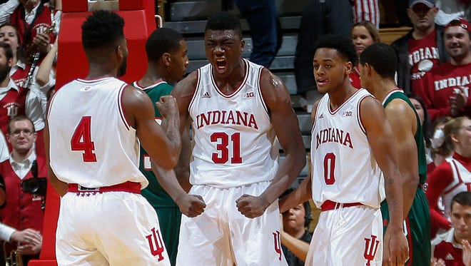 Indiana center Thomas Bryant (31) celebrates being fouled while playing Mississippi Valley State in the first half of an NCAA college basketball game in Bloomington, Ind., Sunday, Nov. 27, 2016. (AP Photo/AJ Mast)