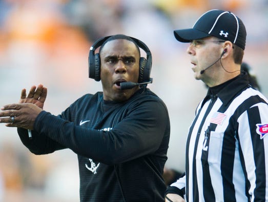 Vanderbilt Head Coach Derek Mason yells to an official