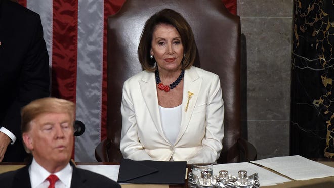 House Speaker Nancy Pelosi listens to President Donald Trump during the State of the Union address to a joint session of the Congress on Capitol Hill in Washington, D.C., on Tuesday, Feb. 5, 2019. (Olivier Douliery/Abaca Press/TNS)
