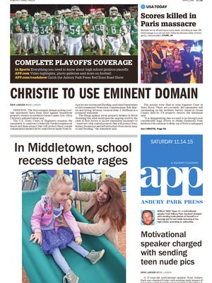 Asbury Park Press front page, Saturday, November 14, 2015