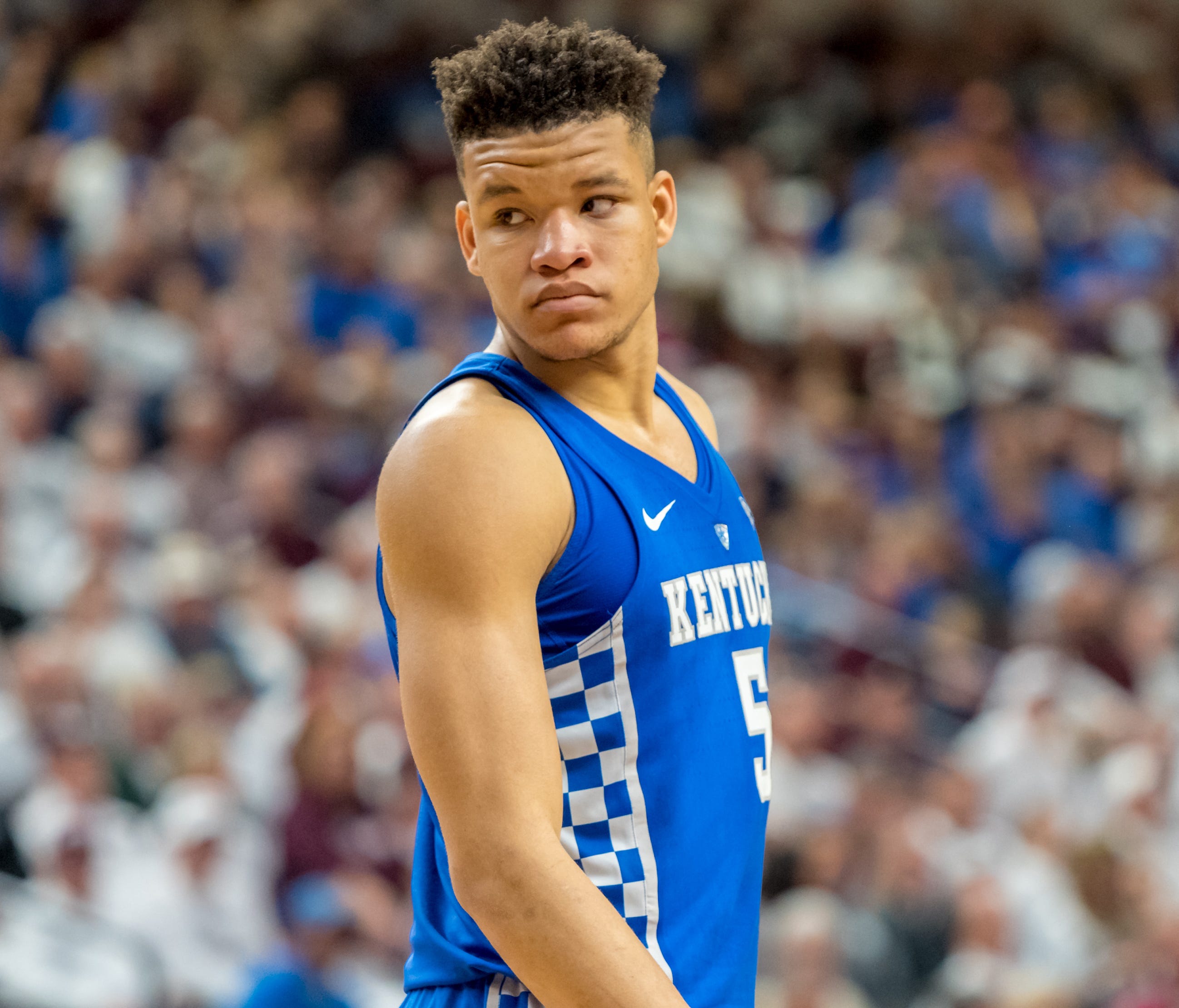 Kentucky Wildcats forward Kevin Knox looks on during the second half against the Texas A&M Aggies.